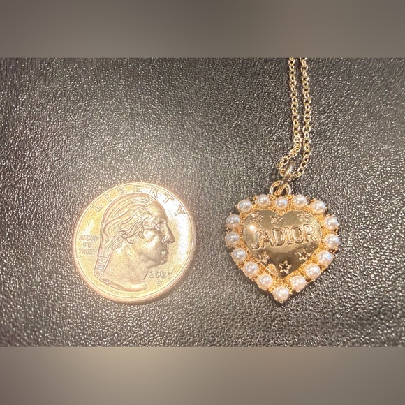 Upcycled Designer-Inspired Heart Pendant Necklace Pearl Trim Gold Tone - Picture 3 of 5